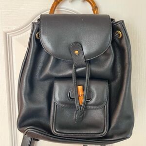 Vintage Gucci Navy Blue Calfskin Leather Mini Backpack Bag with Bamboo Accents